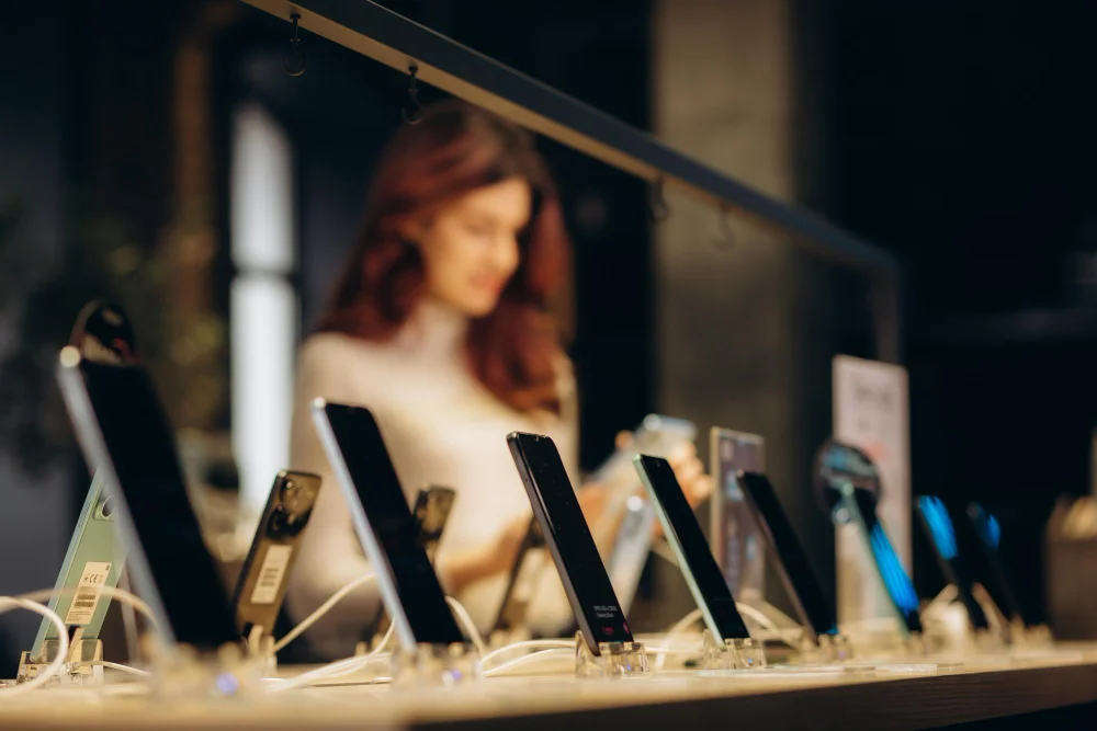 Loja de celulares com diversos smartphones em exposição para venda ao consumidor