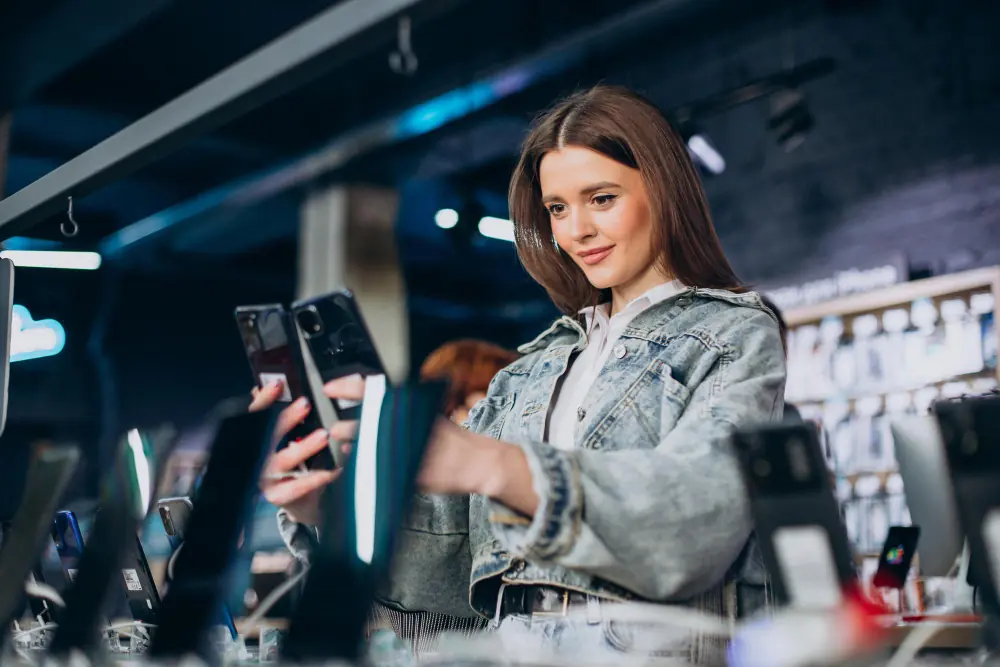 Jovem mulher escolhendo smartphone em loja de celular moderna com vitrines iluminadas e varios modelos expostos
