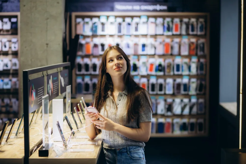 Jovem segurando smartphone em loja de celular com vitrine de aparelhos e parede de capinhas coloridas ao fundo