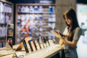 Cliente analisando smartphone em vitrine de loja de celular com varios aparelhos expostos e parede de acessorios ao fundo