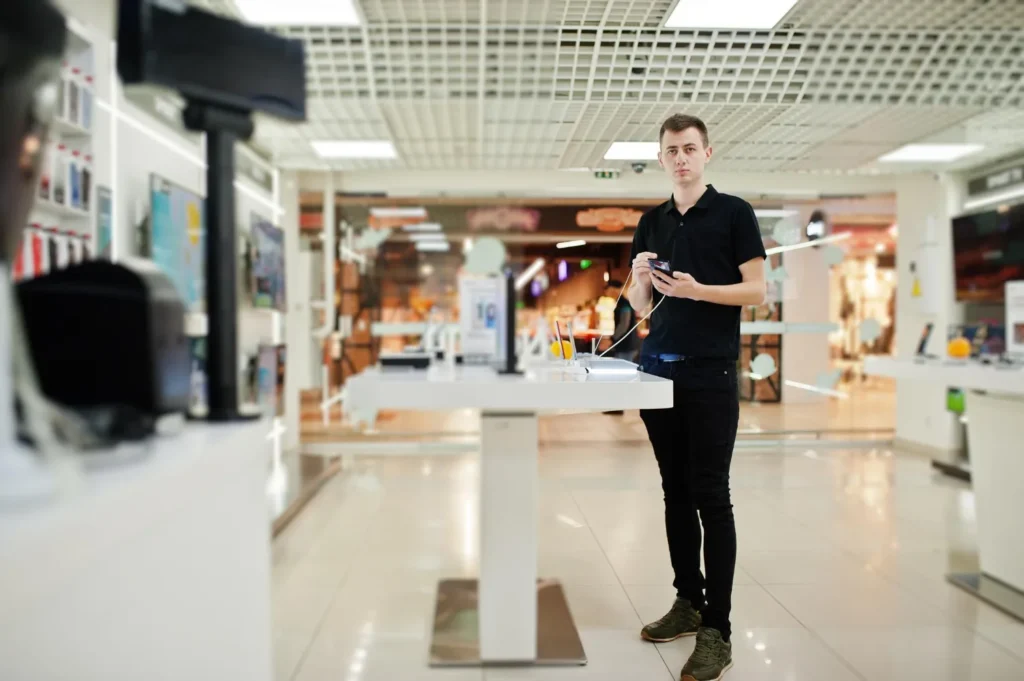Vendedor de loja de celular segurando smartphone em corredor de shopping com mesas de exposicao de aparelhos ao fundo